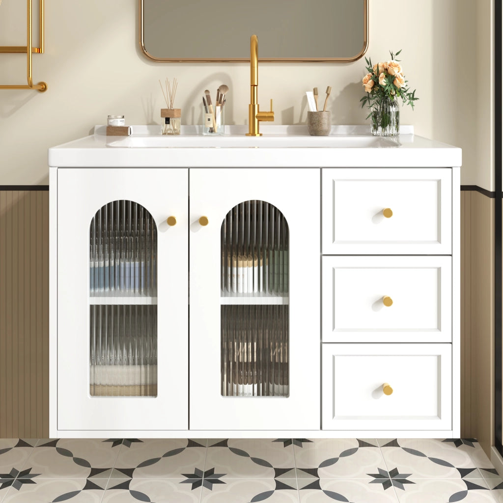 Mobile sottolavabo con lavabo in ceramica, 2 cassetti e anta in vetro, ripiani regolabili, per bagno, bianco
