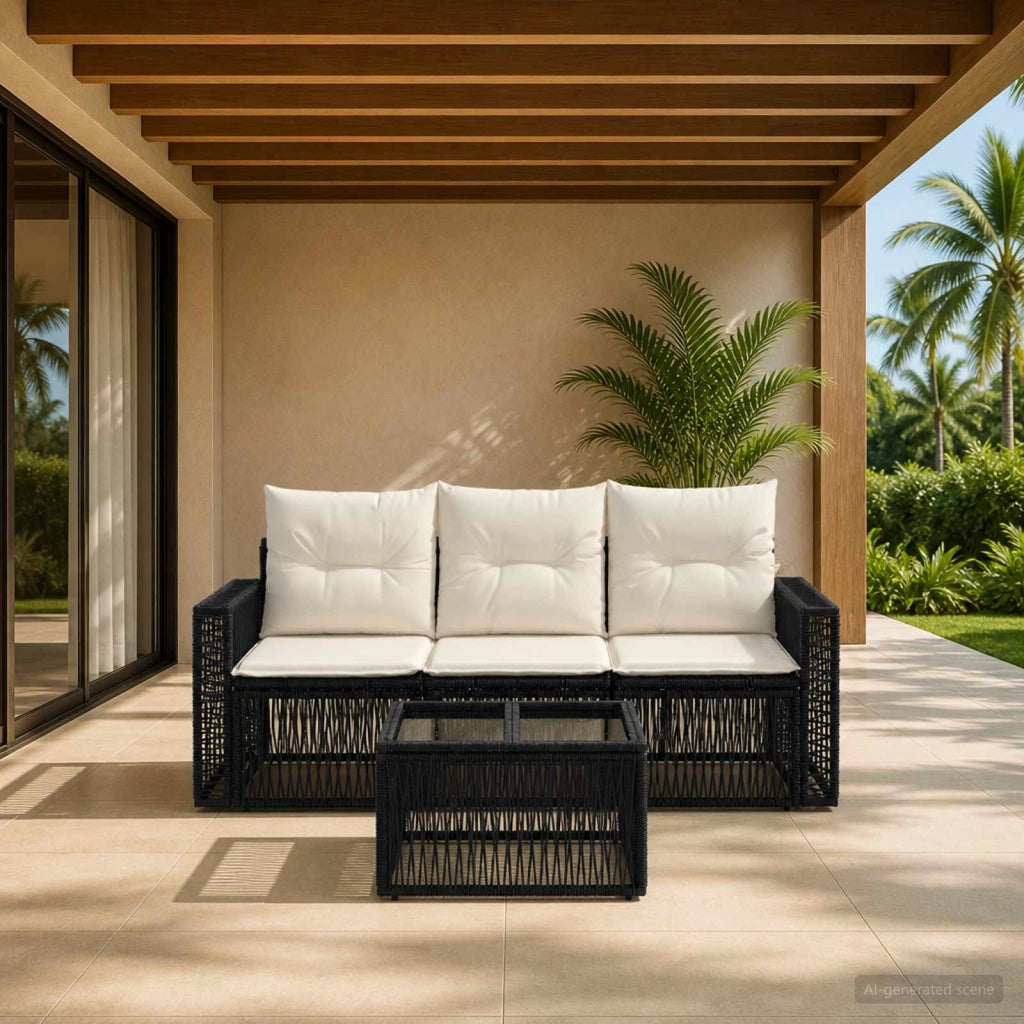Set Divano da Giardino 4 pz Nero e Bianco Crema polyrattan 3435043
