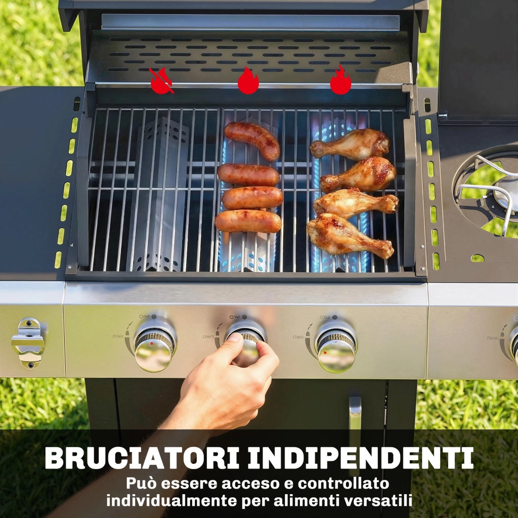 Barbecue a Gas con 3 Fuochi e Bruciatore Laterale, 109x50x109 cm, Nero