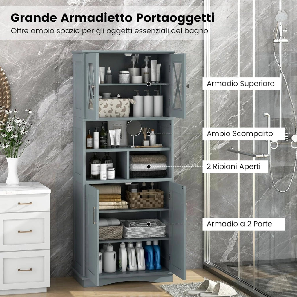 Mobile Bagno, Armadietto Salvaspazio con Porte in Acrilico, Ripiani Regolabili e Ampio Scomparto, Armadio da Terra in Legno per Soggiorno, Camera da Letto, Salotto e Cucina (Grigio)