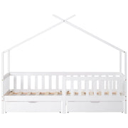 Letto Casetta 90 x 200 cm; Letto Singolo - 2 Cassetti e Sponda - in Legno - Bianco