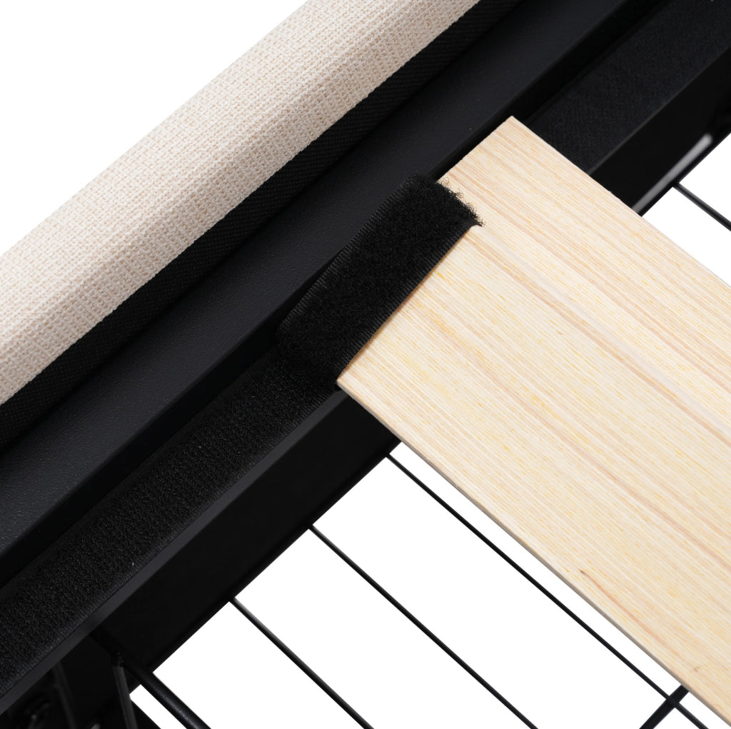 Letto 160x200 cm con testiera regolabile; LED e 4 cassetti in legno e tessuto di lino beige