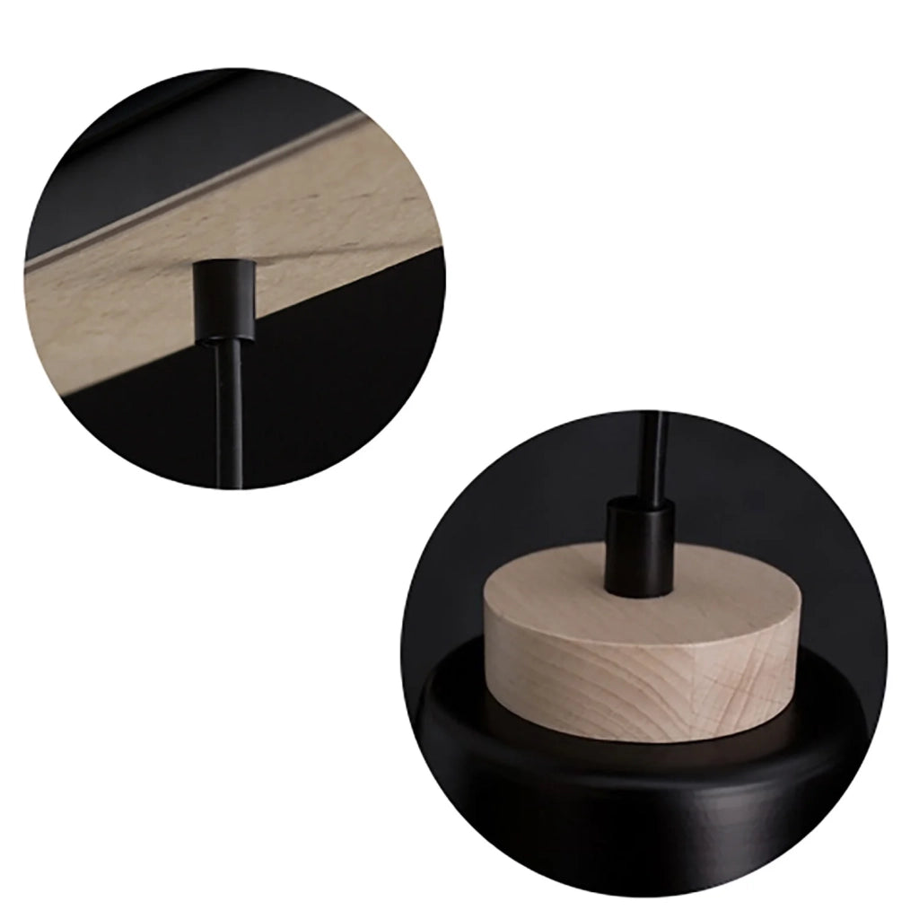 Lampadario 3 Luci Lancillotto Con Paralumi A Cono In Acciaio Nero E Legno Naturale