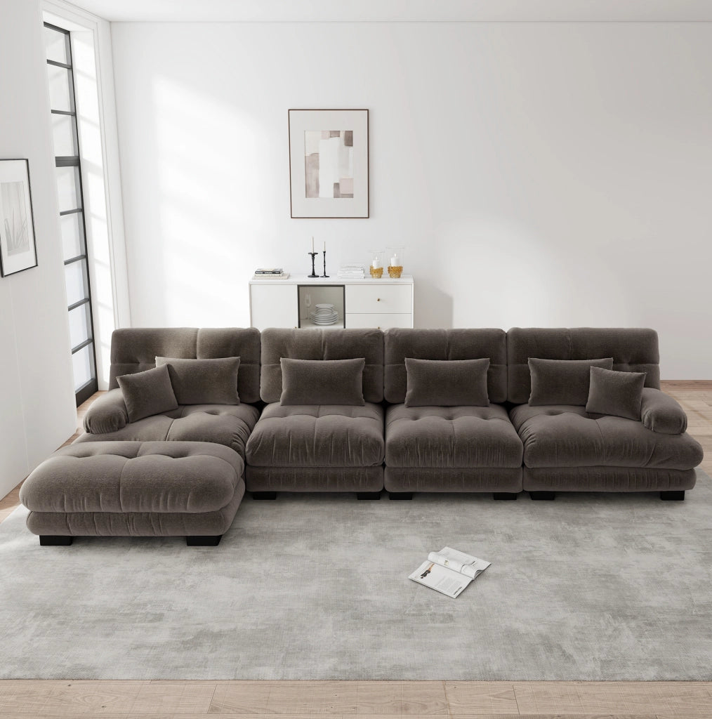 Divano modulare 4 posti con ottomane mobili 406x145x81 cm in ciniglia marrone