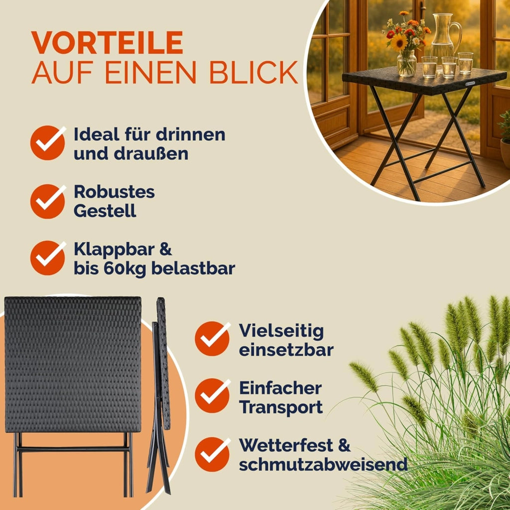 Tavolo Pieghevole in Polyrattan 65x65cm Salvaspazio Max Carico 60kg Giardino Esterno Terrazza Balcone Campeggio