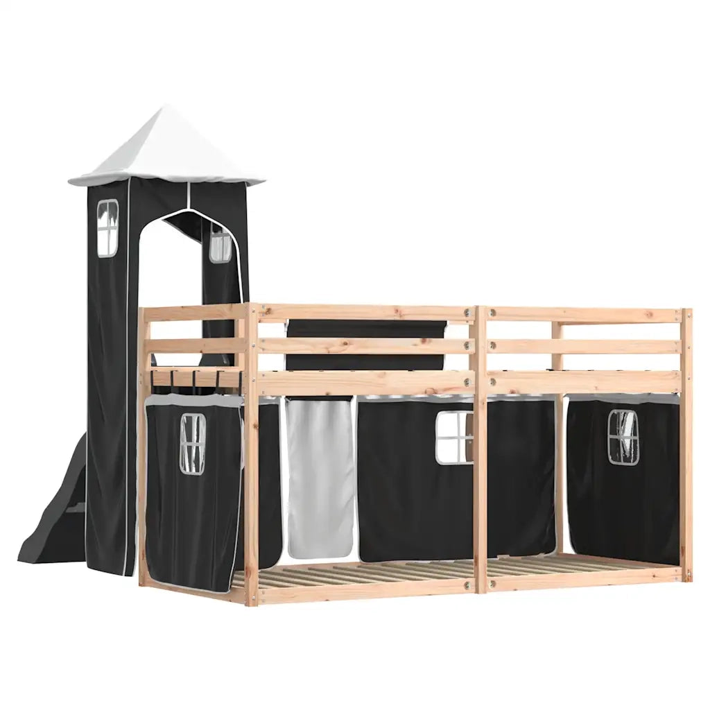 Letto singolo | Letto per adulti | Letto a Castello con Scivolo e Tende Bianco e Nero 80x200 cm