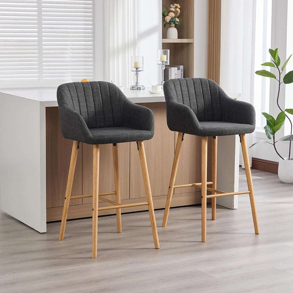 Sgabelli da bar contemporanei - Xylo - Schienale alto, braccioli, sedute in lino, gambe in legno