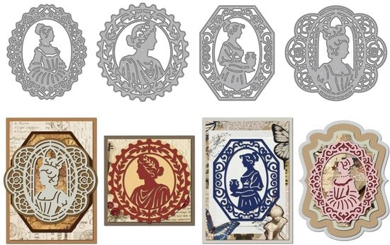 Set di stencil in acciaio di carbonio - Tema vintage - Fotoframmenti retro - Matrizzine per tagliare - Silhouette eleganti - Dimensioni 94x80mm, 96x93mm, 93x75mm, 102x93mm