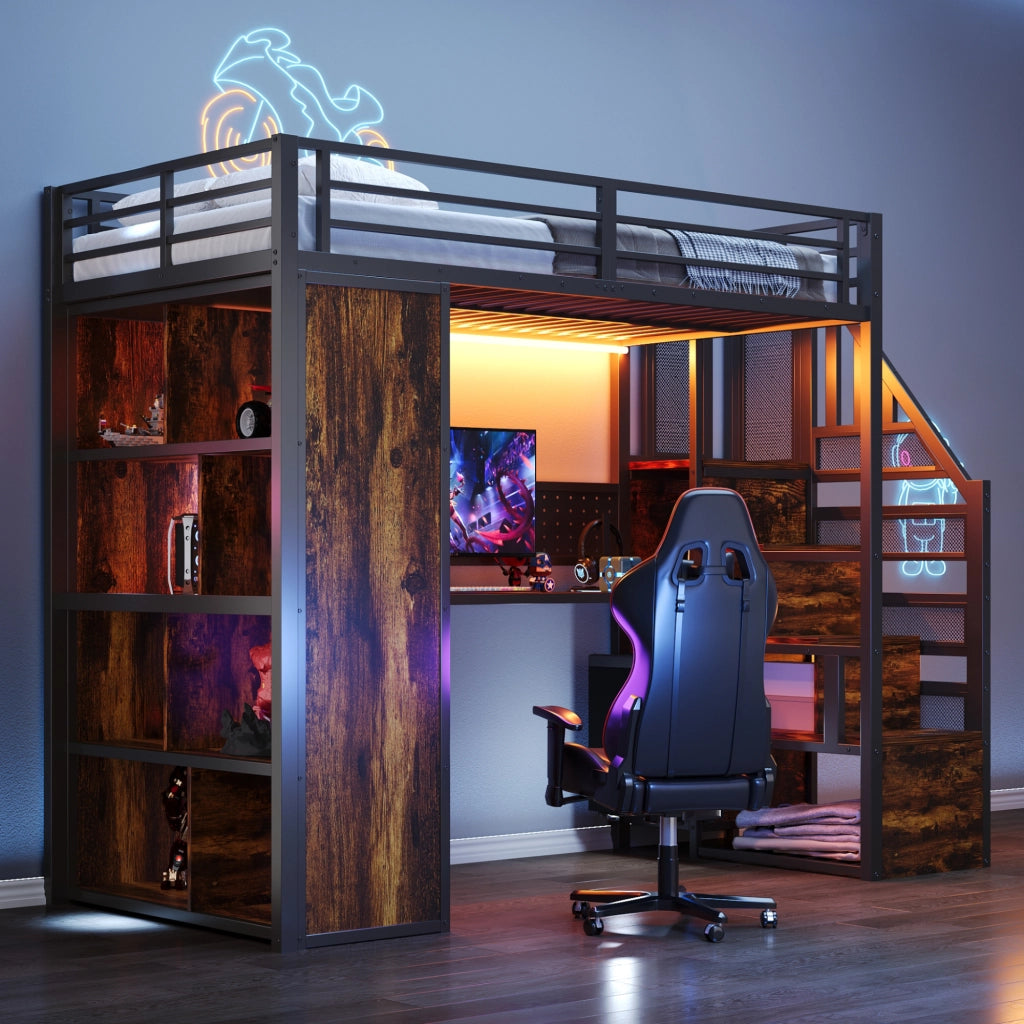 Letto a soppalco in metallo 90x200 con scrivania; armadio e LED; nero