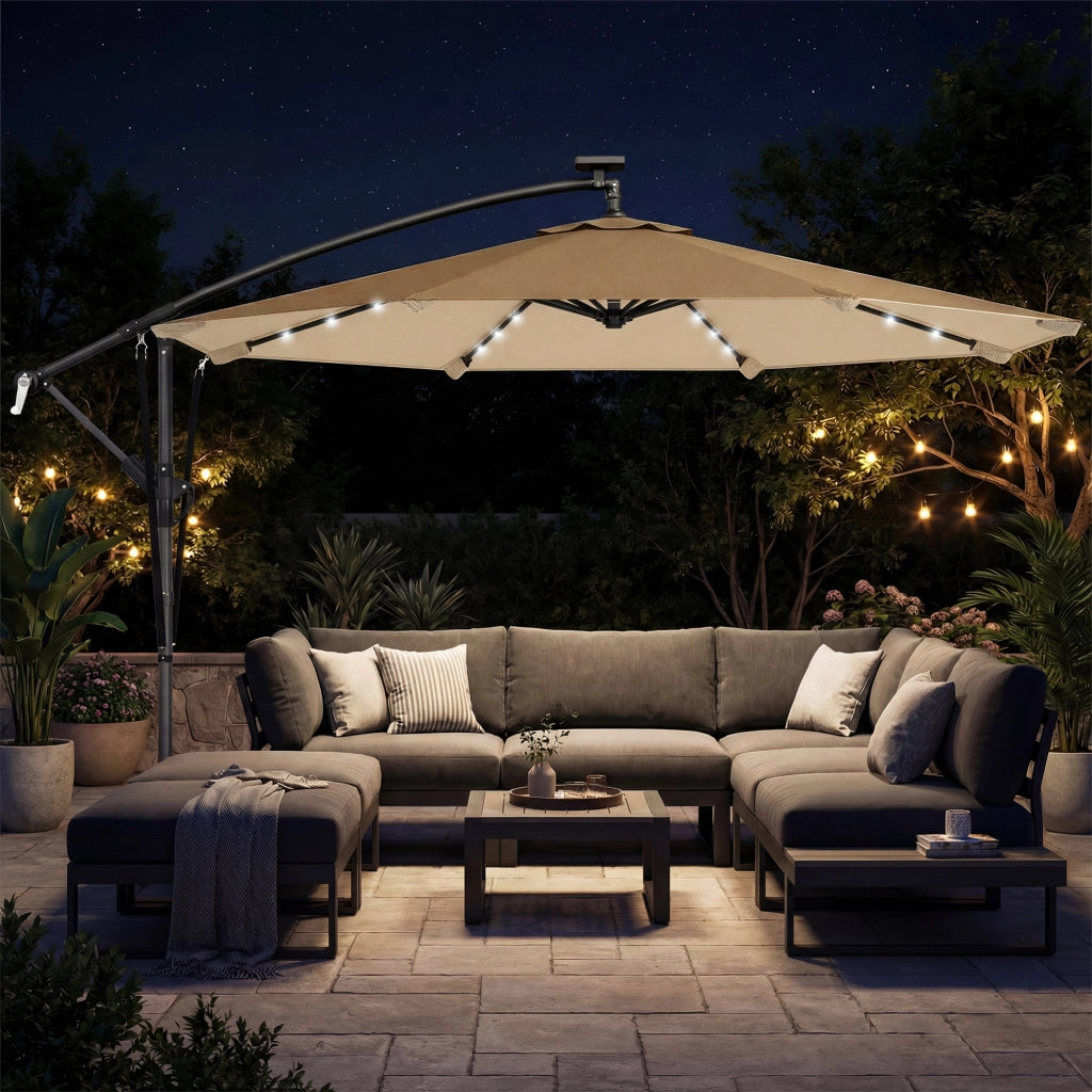 Ombrellone da Giardino Decentrato 330x295x245 cm con LED Solari in Metallo e Poliestere Cachi