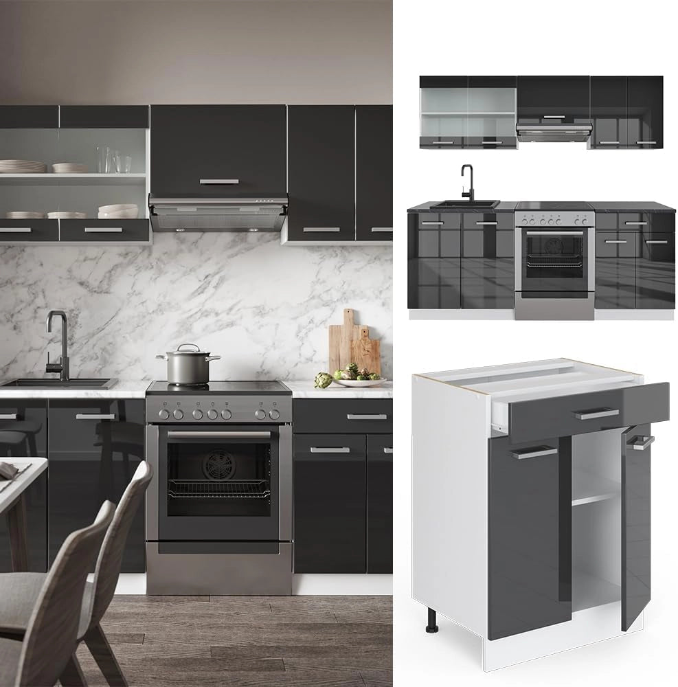 Cucina componibile R-Line, Antracite lucido/bianco, 200 cm PL Marmo, adatto per l'espansione individuale con moduli aggiuntivi