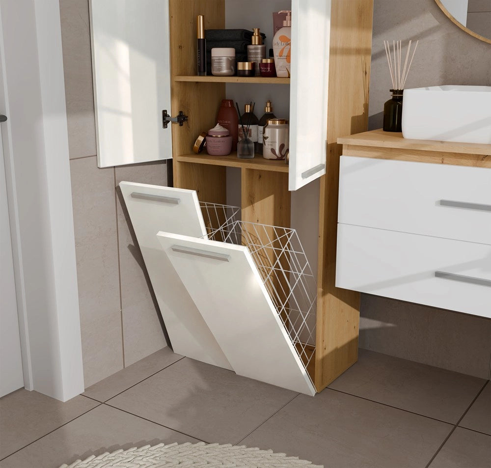 Mobile bagno NEL 2k DD colonna 2 kosze per bucato bianco lucido rovere artisan