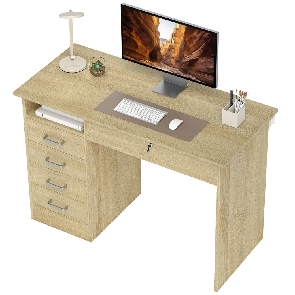 Scrivania moderna con 5 cassetti, piano grande, ripiano aperto, cassetto con serratura ¨C zephmum ¨C quercia 110x50x76cm