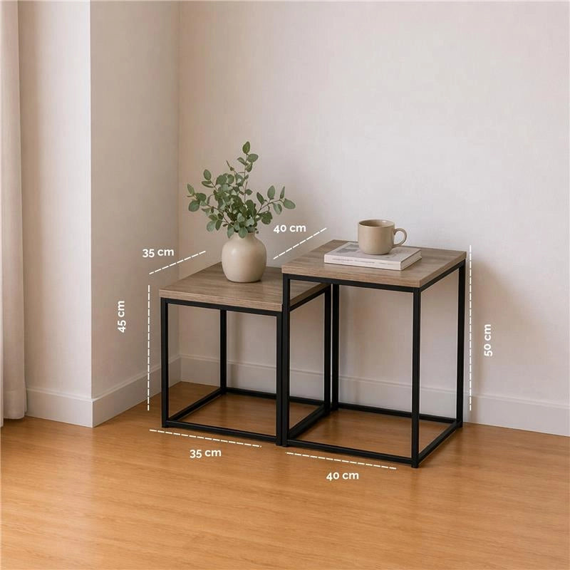 2 TAVOLINI METALLO MELANINA E MDF DIMENSIONI 35X35X45H CM E 40X40X50H CM - COLORE ROVERE