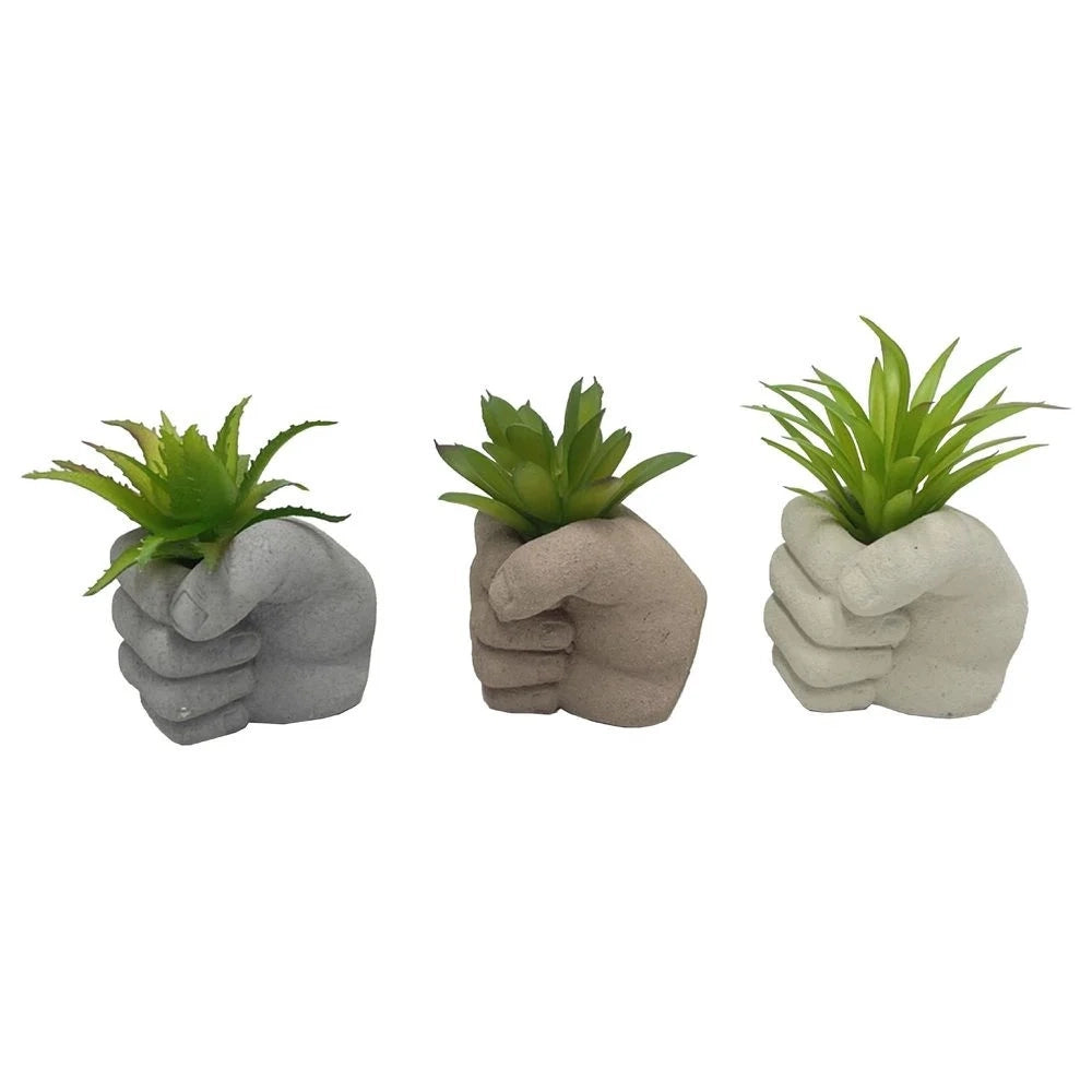 Trade Shop - Set 6pz Pianta Verde Finta Con Vaso Forma Pugno Chiuso In Ceramica 7x7x10cm 3 Colori 157978 -
