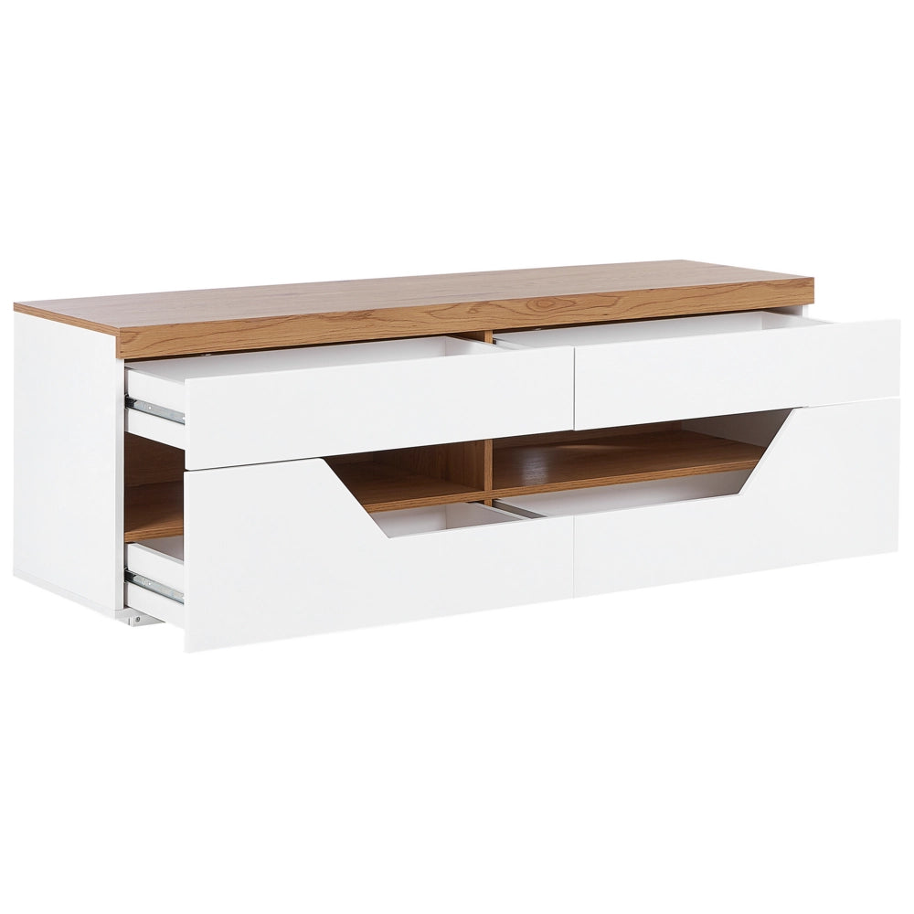 Mobiletto da TV marrone e bianco con 4 cassetti 2 ripiani e foro per cavi 140 x 40 cm
