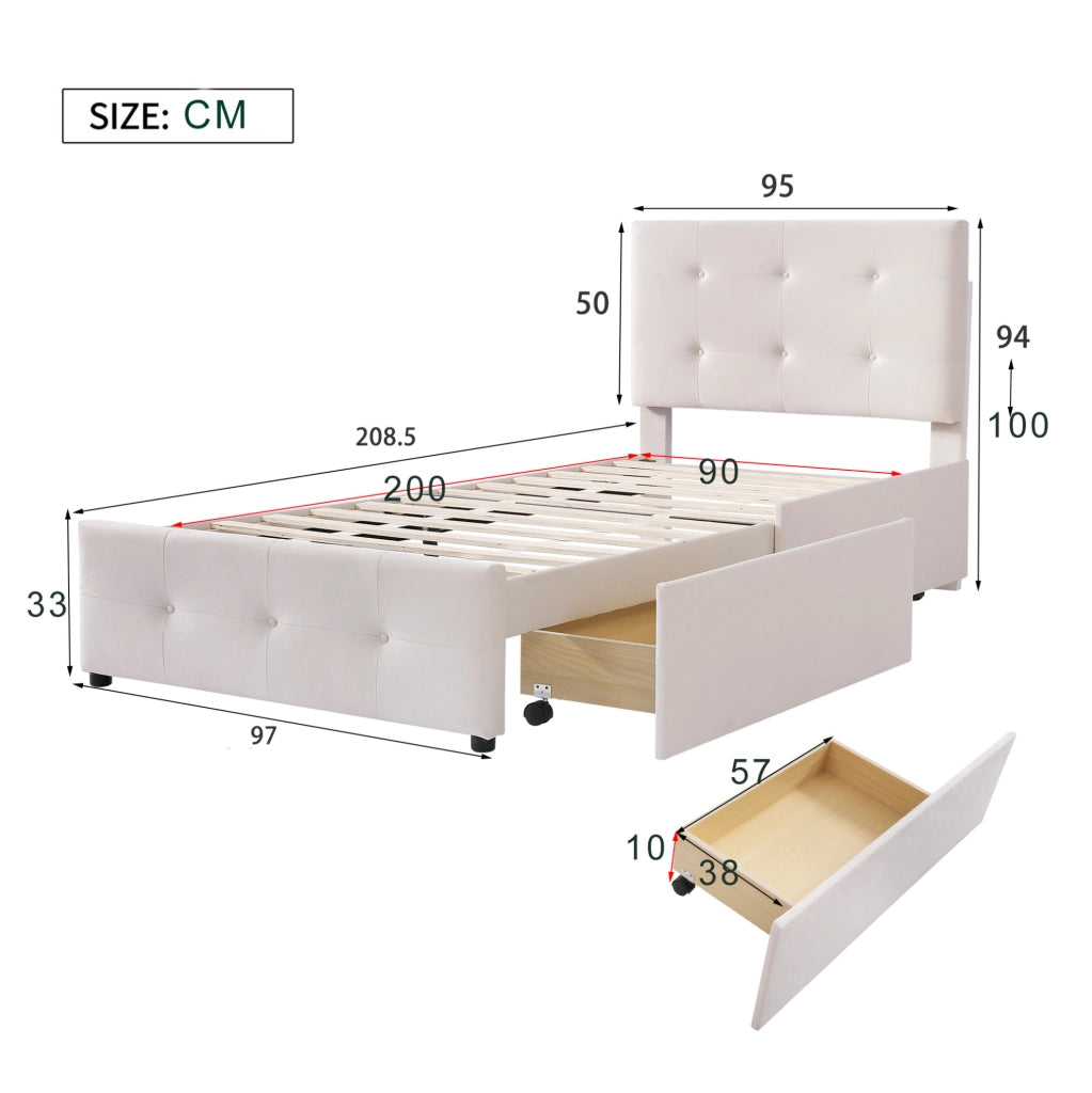 Letto imbottito 90 x 200 cm beige con rete a doghe, testiera e cassetto