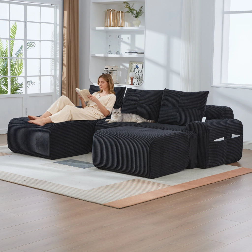Divano modulare a 3 posti con portabicchieri e tasca laterale in tessuto effetto corduroy nero 268 × 174 × 66 cm