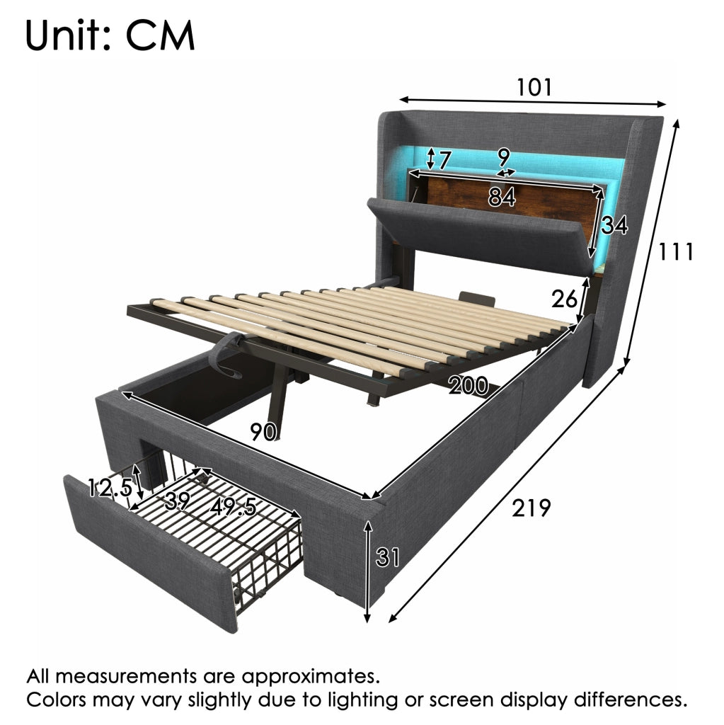 Letto imbottito 90x200 cm con contenitore idraulico; LED; USB e USB-C; grigio in lino
