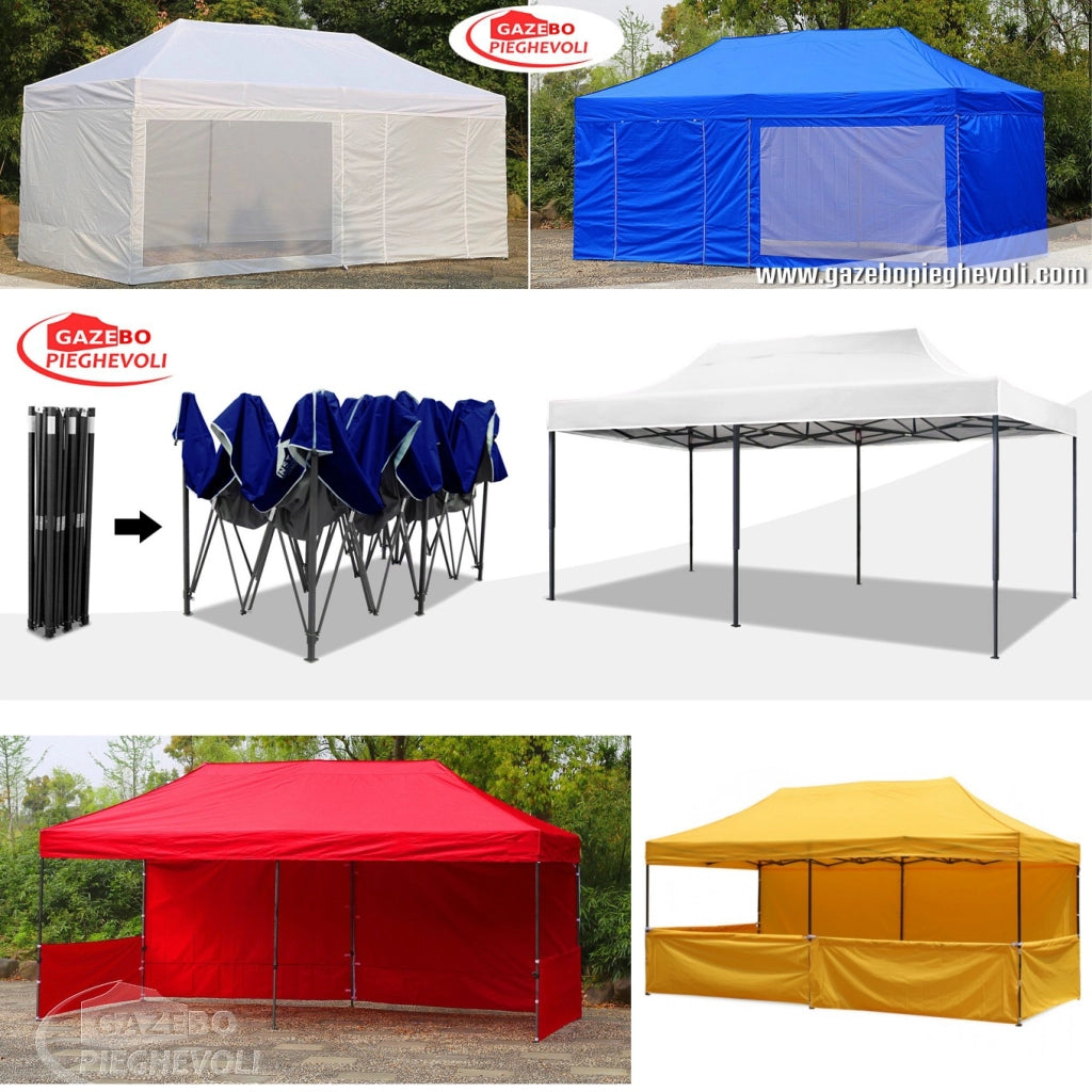 Gazebo 3x6 m verde pieghevole portatile estendibile richiudibile estensibile acciaio con laterali per fiere eventi stand chiosco tenda tendone mercato mercatino  