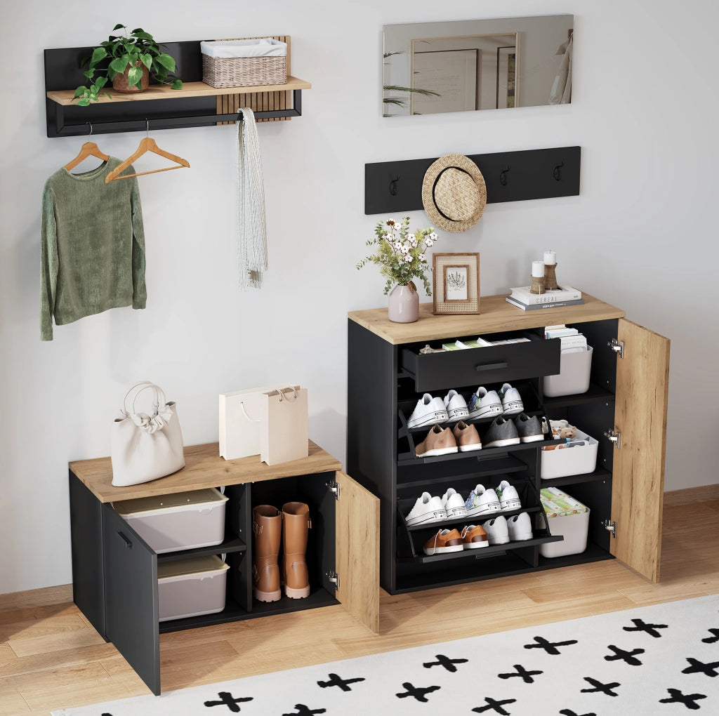Set ingresso 5 pezzi con armadio scarpe; panca; specchio e appendiabiti; rovere naturale e nero
