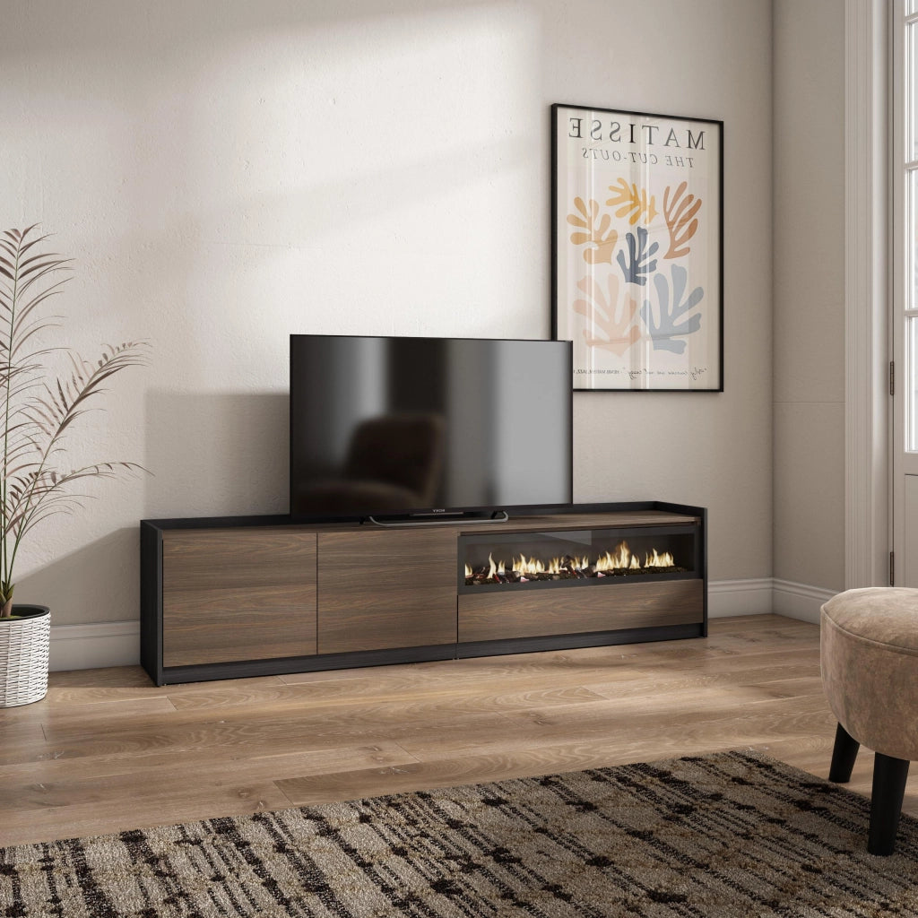 Mobile TV Soggiorno, 207x50x37 cm, Per TV fino a 80", Camino elettrico, Rovere scuro e Nero