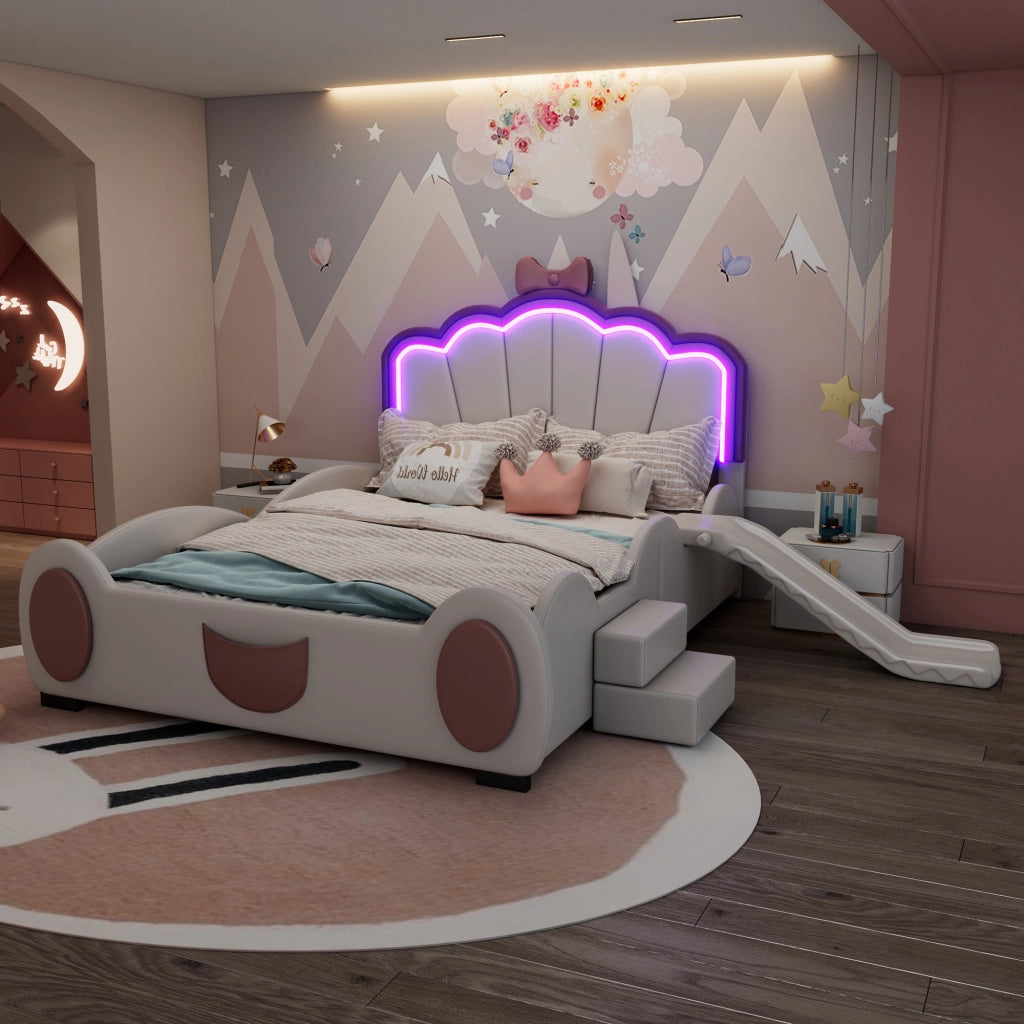 OKWISH Letto Bambini 140×200 cm, Letto Singolo con LED Multicolore, Scivolo e Scala, senza Materasso, in PU e MDF, Rosa e Bianco