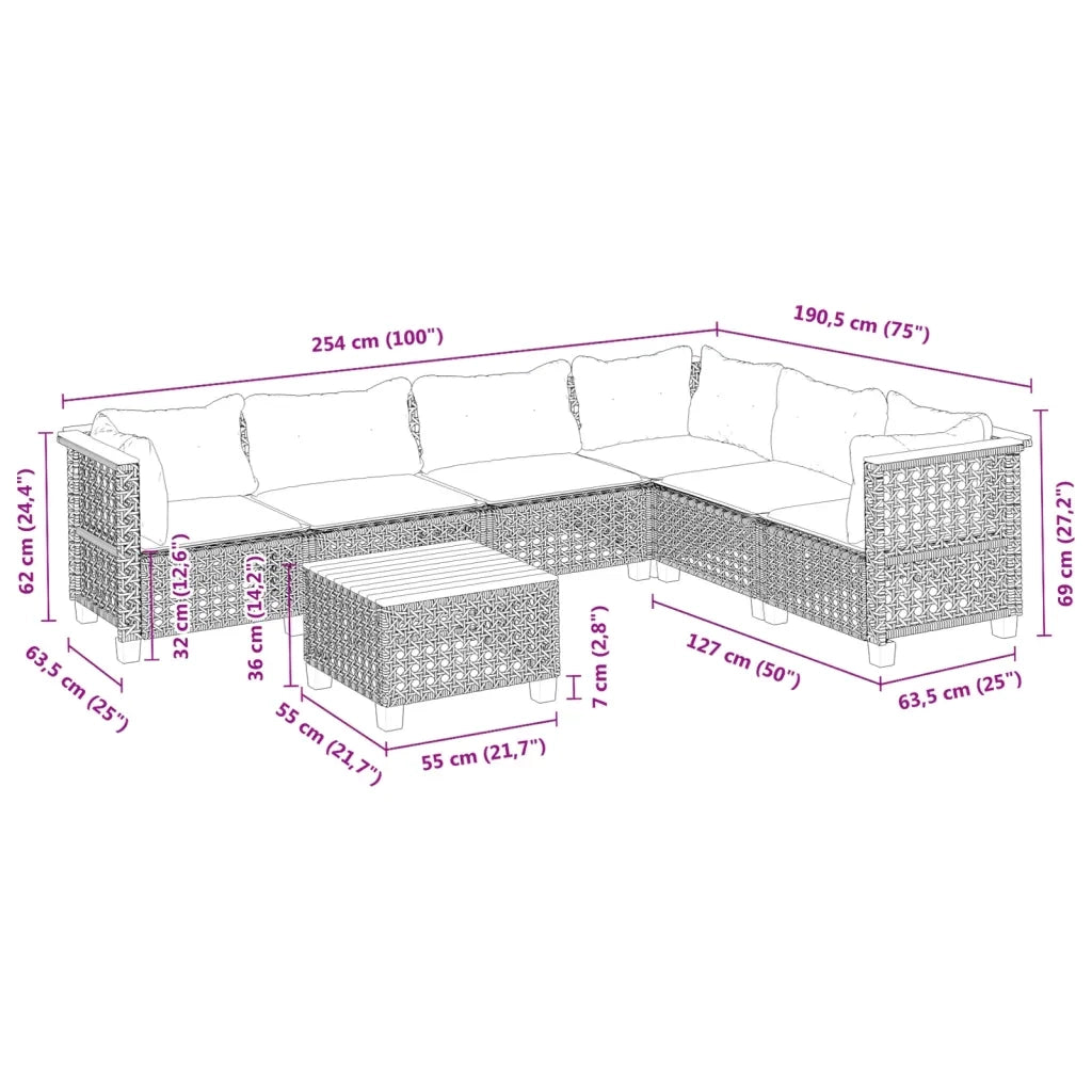 Set Divani da Giardino 7 pz con Cuscini Grigio in Polyrattan