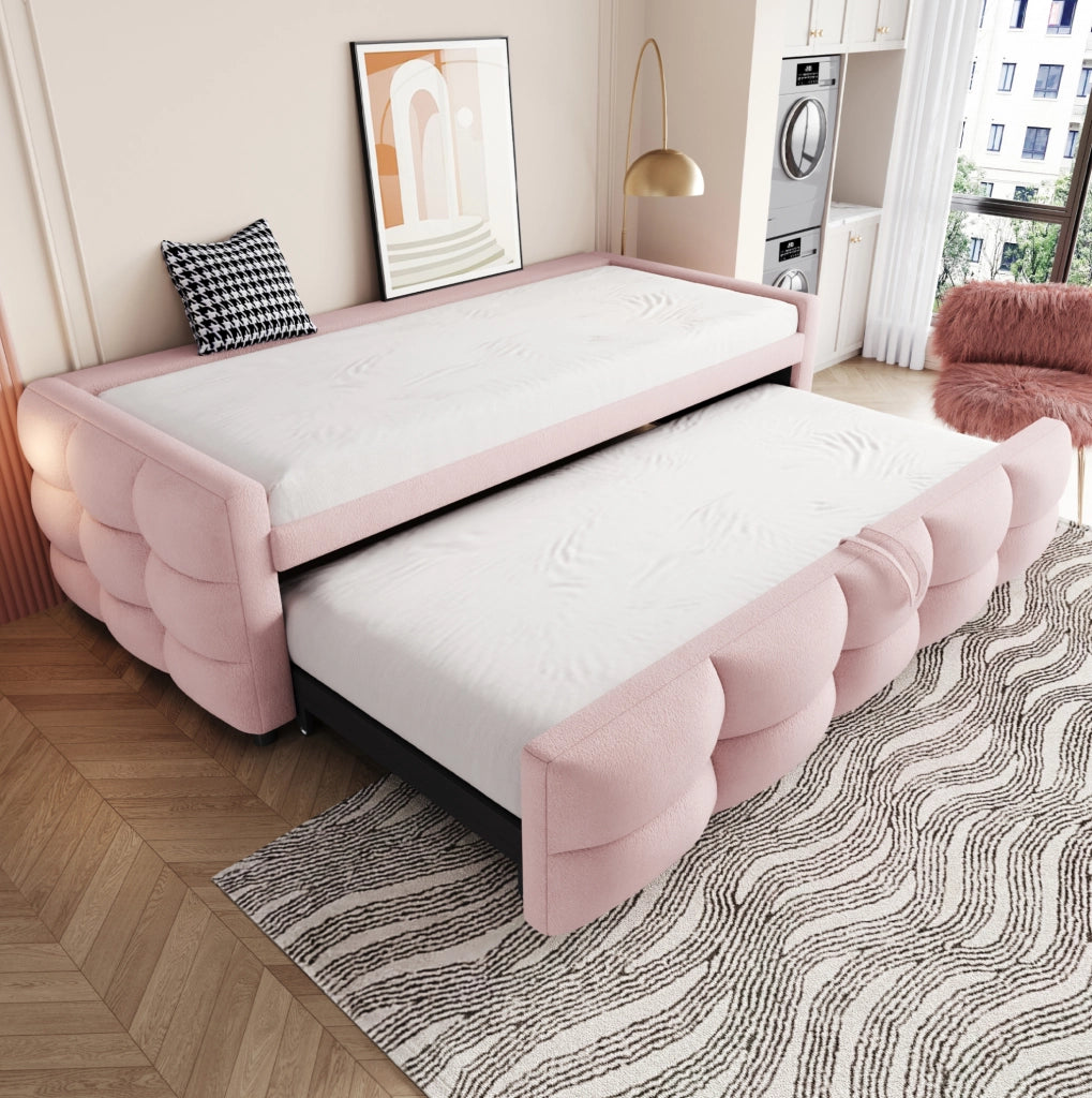 Letto combinato 90/180 x 190 cm in tessuto Teddy rosa con rete a doghe