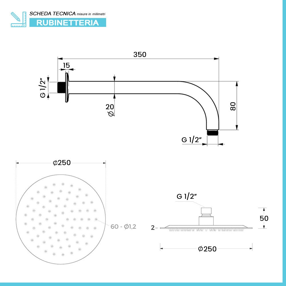 Set doccia completo ad incasso con braccio 35cm e soffione 25cm e kit doccino in acciaio inox satinato York