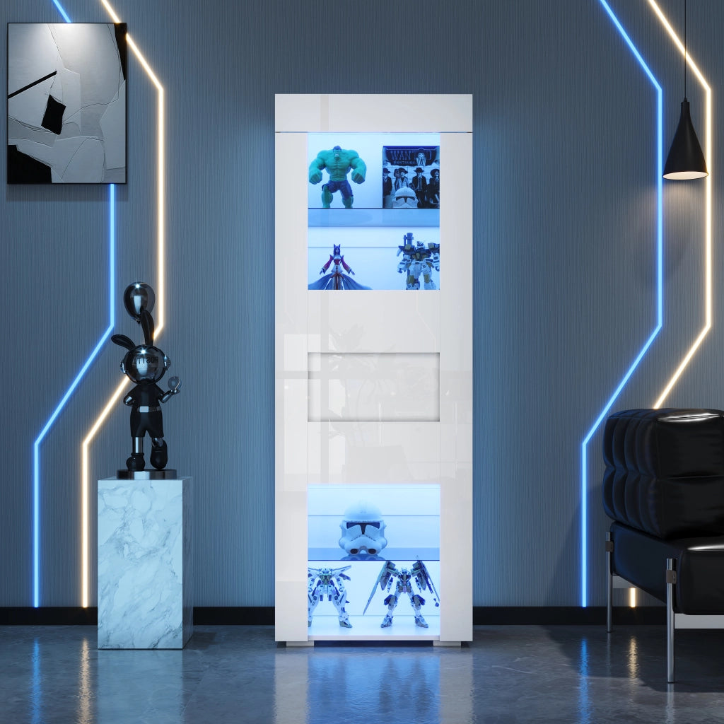 Vetrina con LED e 1 anta, 4 vani e ripiani regolabili, per soggiorno, in MDF e vetro, bianco, 60 × 40 × 170 cm