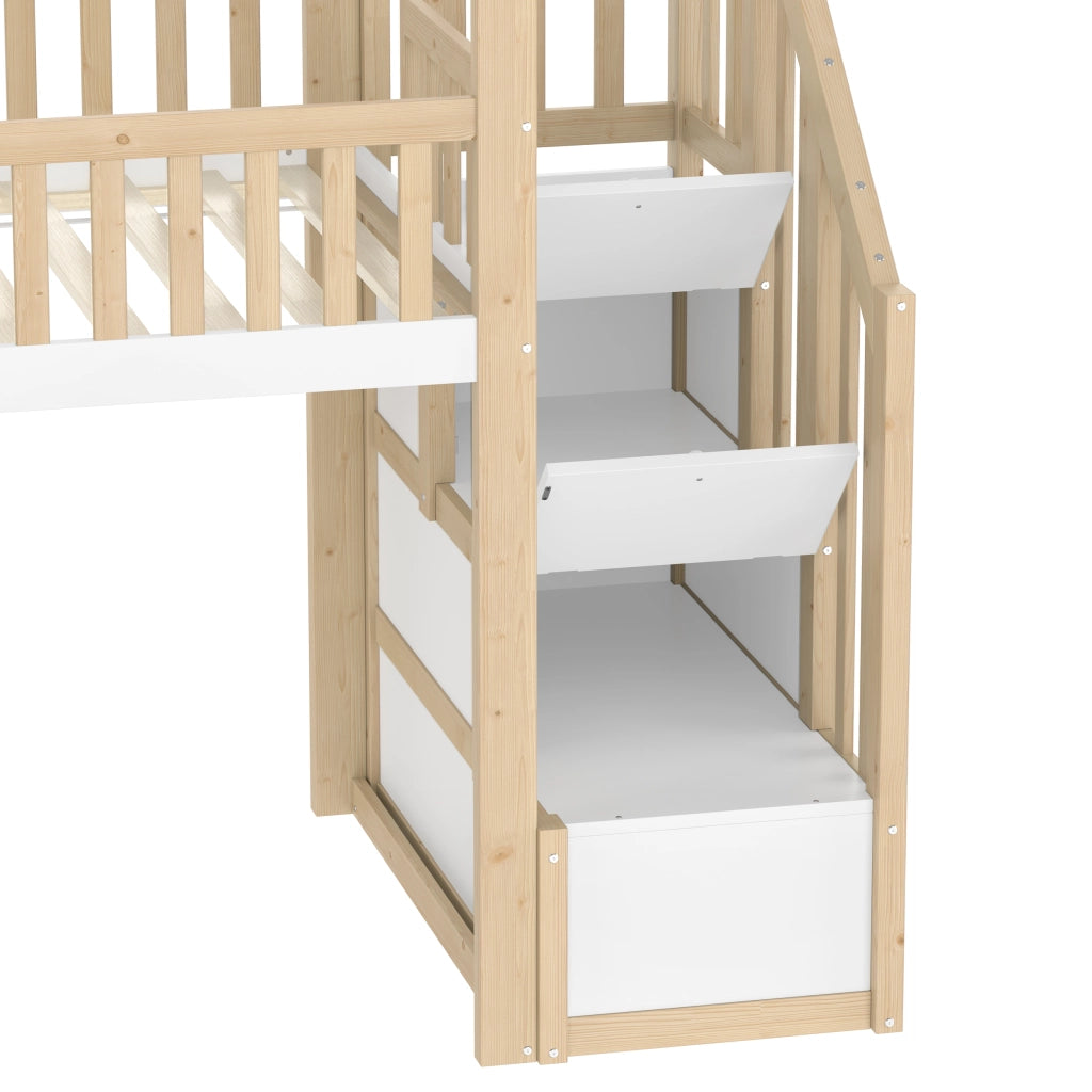 Letto a Soppalco Singolo con Sponda; Scala Contenitore e Scivolo; 90 x 200 cm; senza Materasso; Naturale Bianco