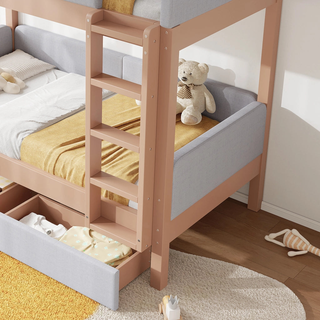 Letto a castello 90x200 cm con scale a 4 gradini e cassetti in legno e tessuto grigio