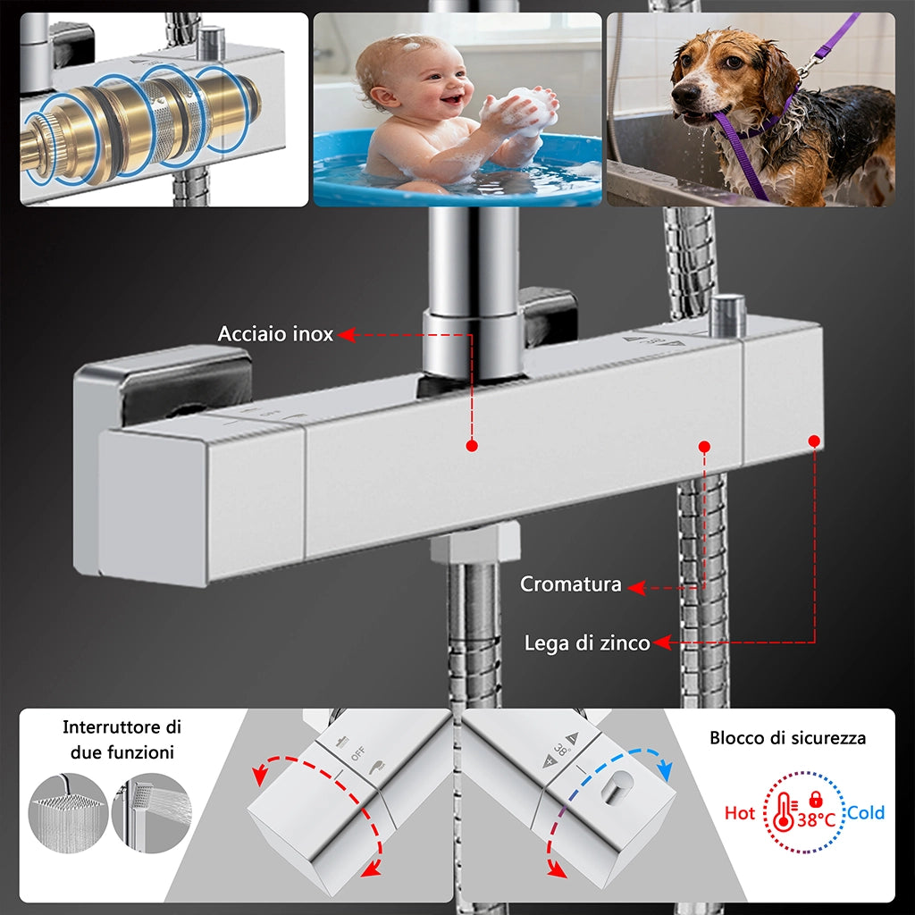 Colonne doccia cromo, soffione doccia quadrato 20x20cm acciaio inox, saliscendi doccia tondo regolabile 72-120cm