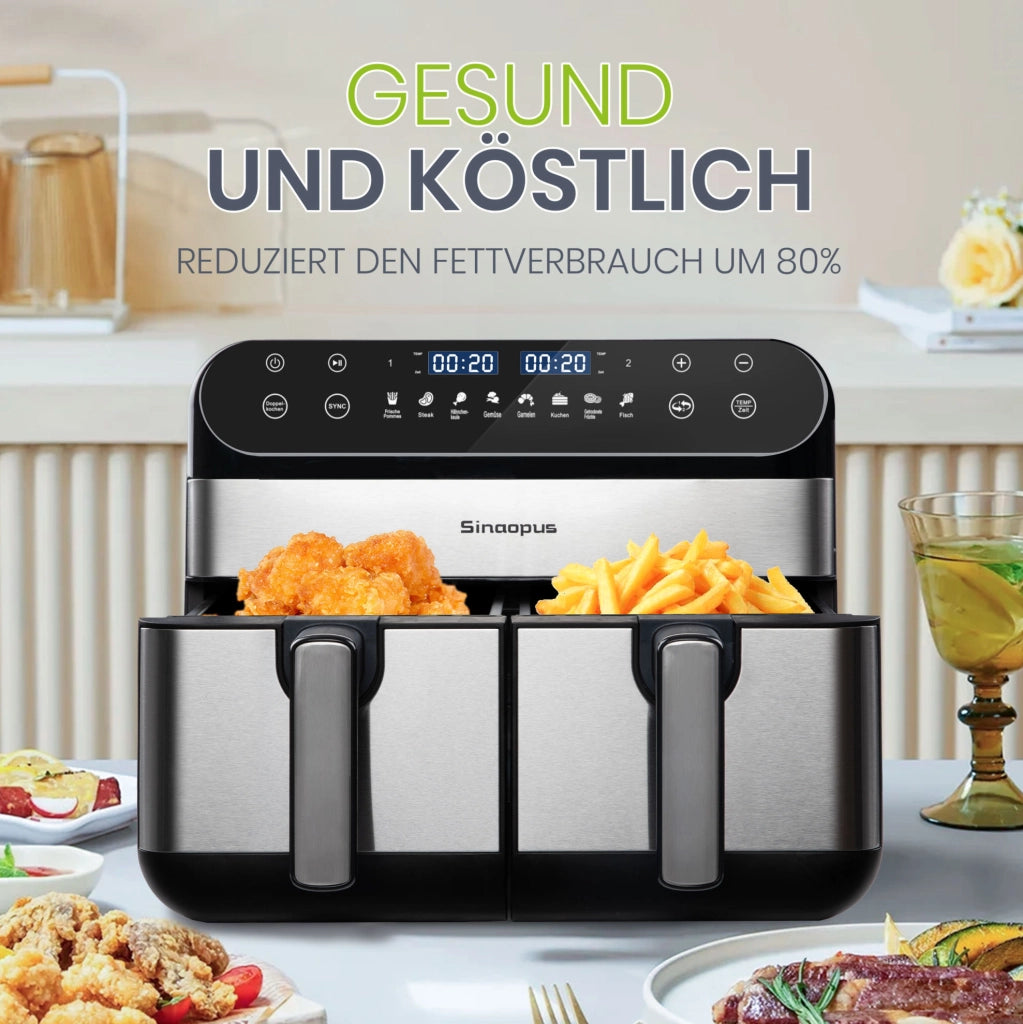 Friggitrice ad aria ULEVR 10 L 2400 W a doppio cestello, display LED touch, 8 programmi, nera