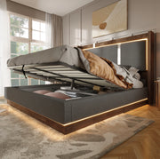 Letto matrimoniale 140x200 cm imbottito con LED; contenitore idraulico; grigio e noce