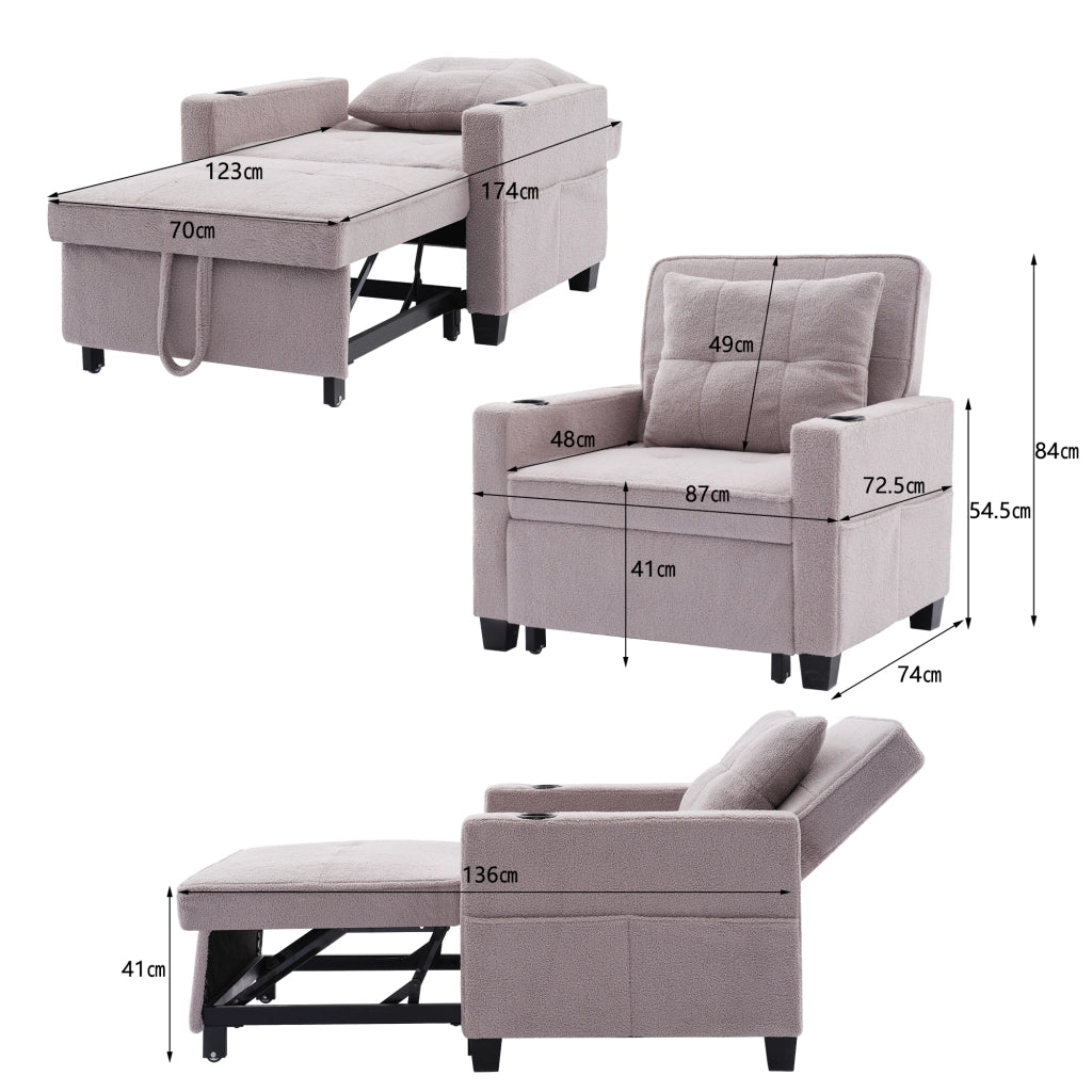Divano letto 3 in 1 con schienale reclinabile portabicchieri porta USB per piccoli spazi in legno e metallo grigio