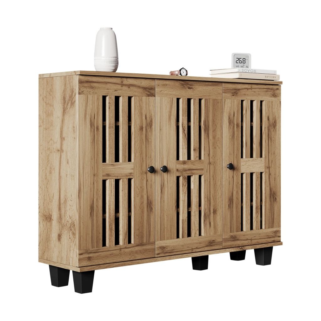 Credenza con 3 Ante a Listelli; 8 Vani e Piano d??Appoggio; Stile Naturale; in Pannelli di Particelle; 120??32??92 cm