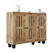 Credenza con 3 Ante a Listelli; 8 Vani e Piano d??Appoggio; Stile Naturale; in Pannelli di Particelle; 120??32??92 cm
