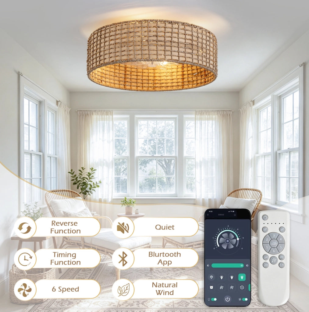 Plafoniera ventilatore a soffitto in rattan 53 cm con luci E26, app e telecomando, rame