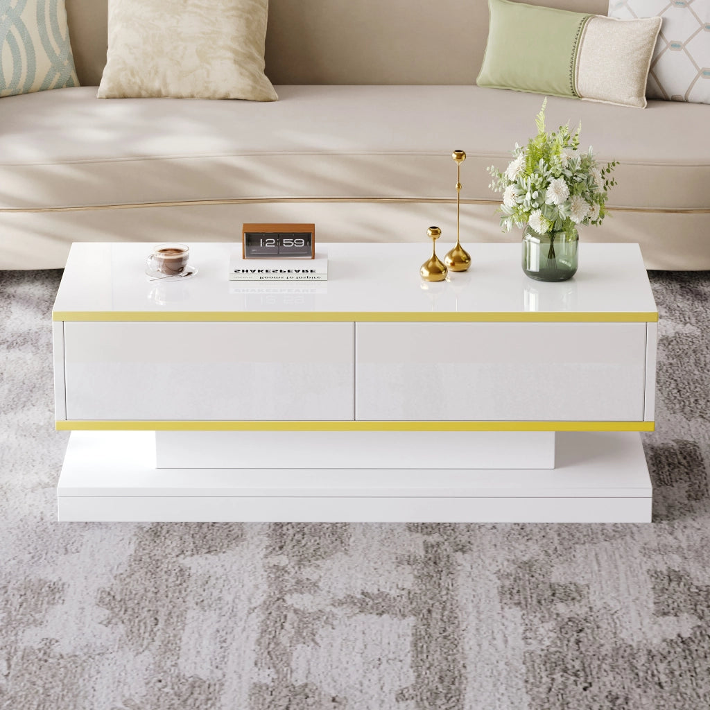 Tavolino da caffè con 2 cassetti - per soggiorno - in truciolato - 100x50x38 cm - bianco caldo e oro
