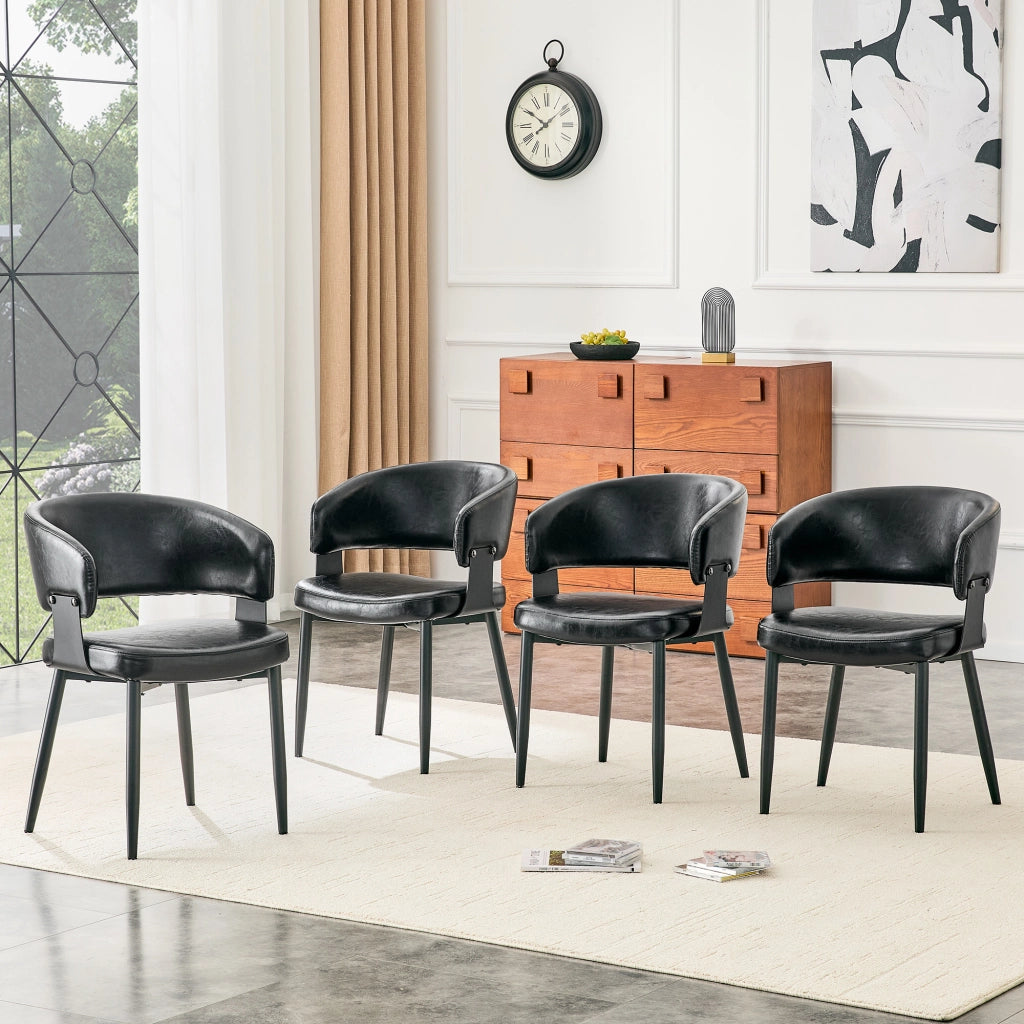 Sedie da pranzo in PU nero, design moderno con schienale sagomato e gambe in metallo
