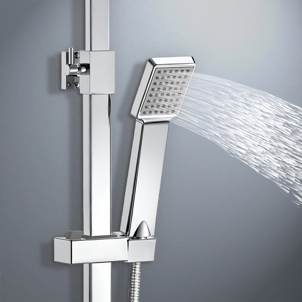 colonna doccia quadrata completo di miscelatore termostatico rettangolo, soffione quadrato 20x20cm, cromo