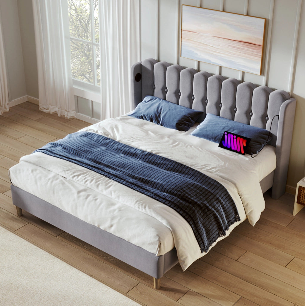 Letto matrimoniale imbottito 180x200 cm in lino grigio con USB e Type-C