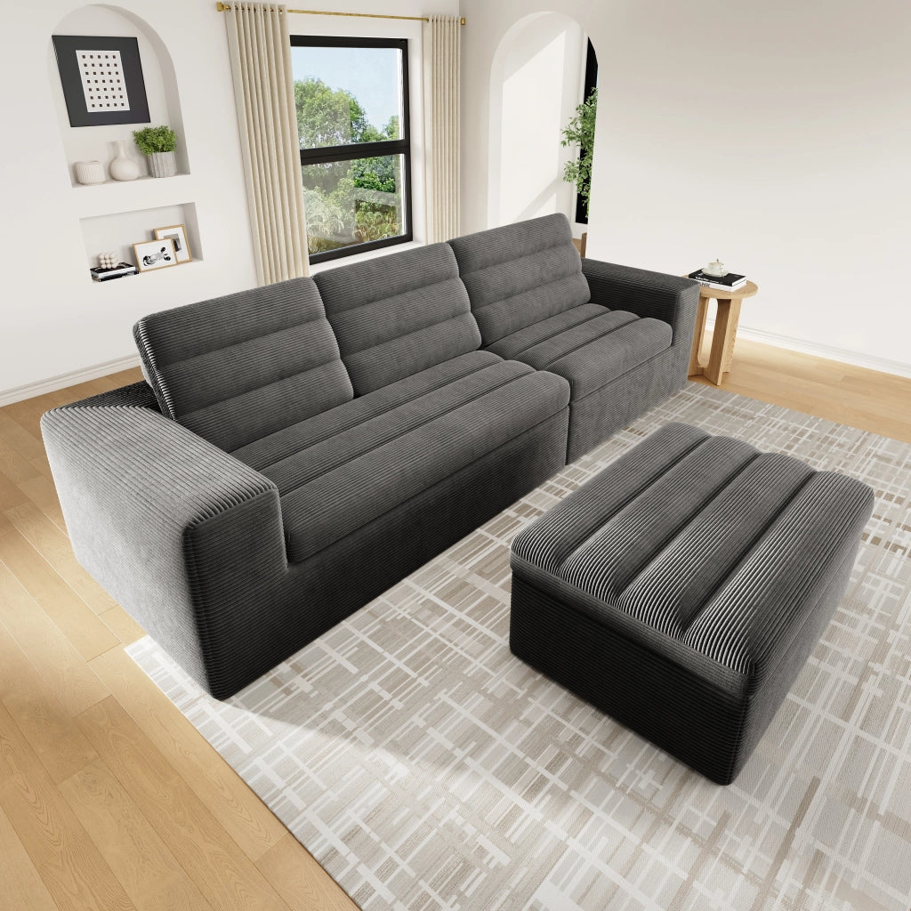 Divano angolare modulare in velluto a coste con seduta morbida e cuscini, grigio scuro, 253 × 161 × 89 cm