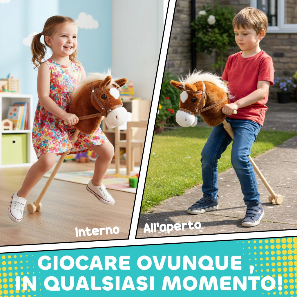 Cavallo con Bastone e Suoni Realistici per Bambini in Poliestere e Legno Marrone