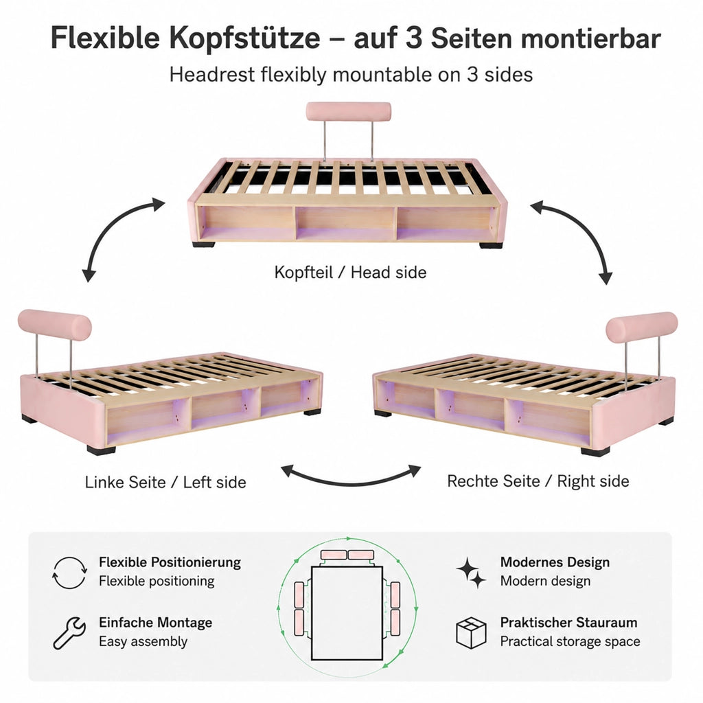 DESMIU Letto bambino 90 × 200 cm con mensola, LED e testiera modulabile, senza materasso, in velluto, rosa