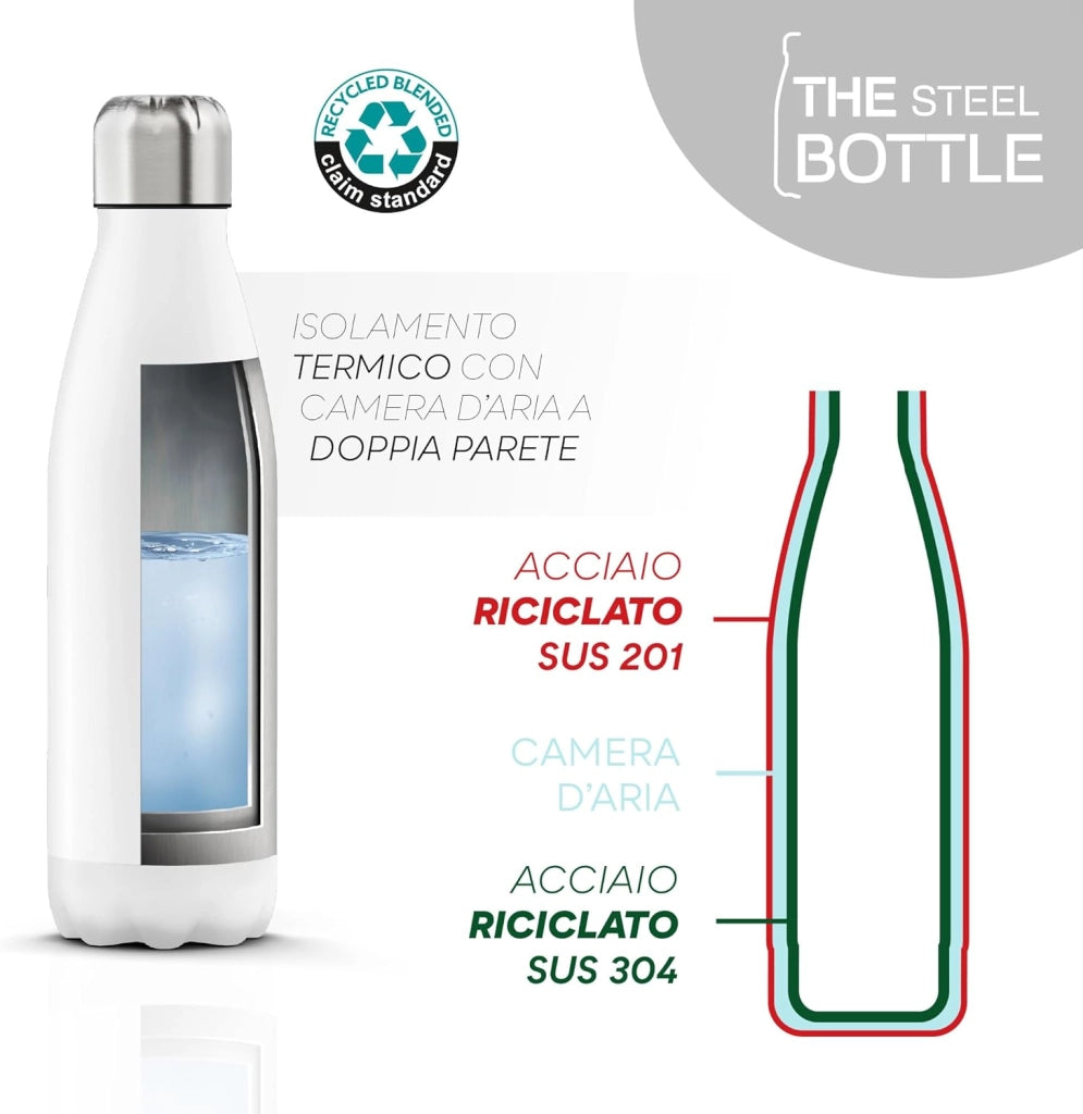 The Steel Bottle Bottiglia termica in Acciaio Inox Capacità 500 ml Chiusura Ermetica - Bianco
