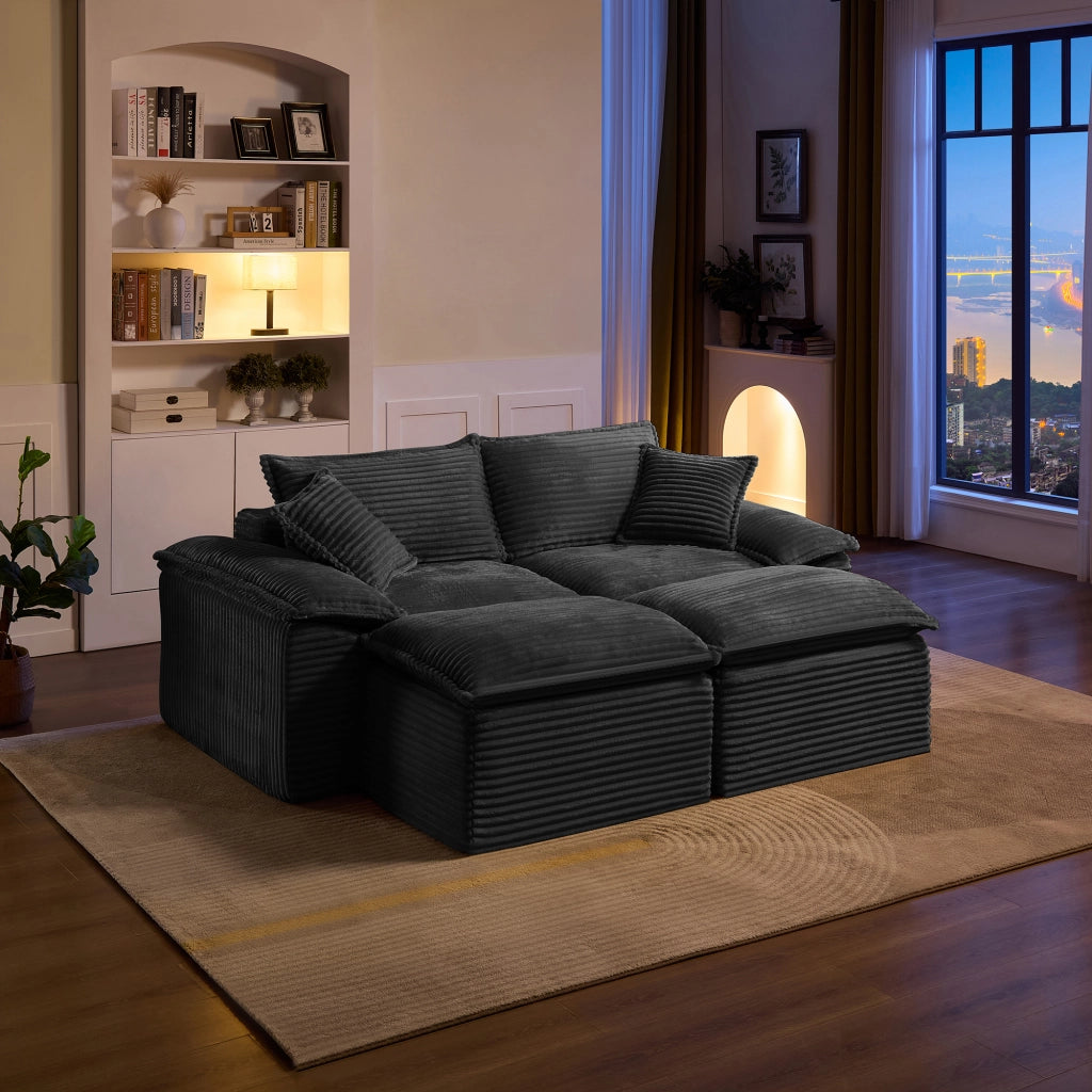 Divano a 2 posti con pouf in velluto a coste, schiuma elastica e molle, facile da pulire, per soggiorno, nero