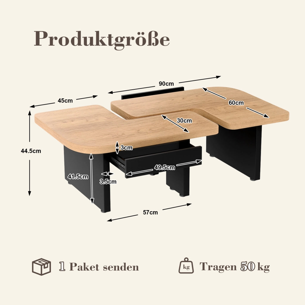 Tavolini da Salotto Impilabili con 2 Cassetti; LED e Piedini Regolabili; Stile Moderno; in MDF; Naturale e Nero